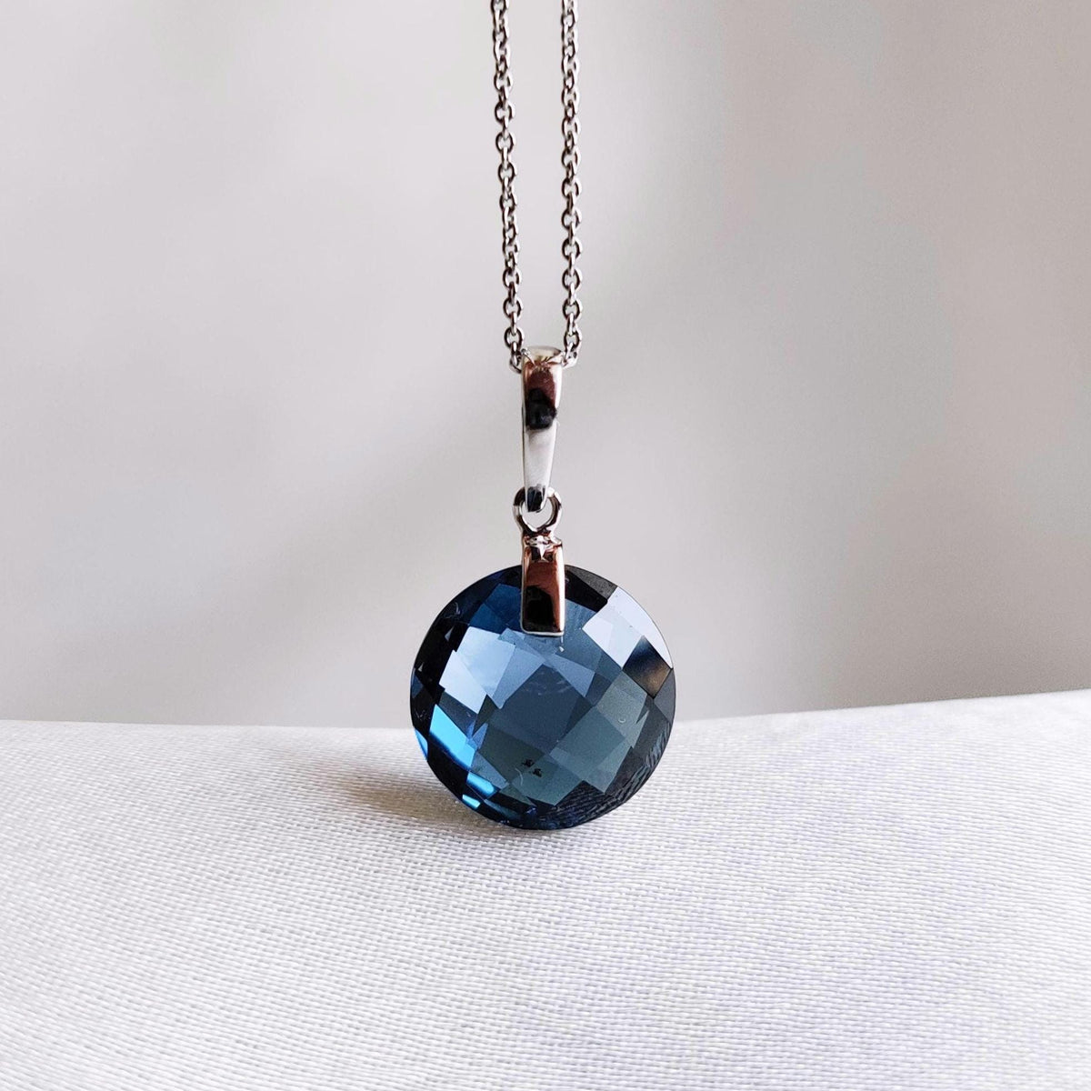 Natural London Blue Topaz Drill Pendant, 14K Solid White Gold, December Birthstone