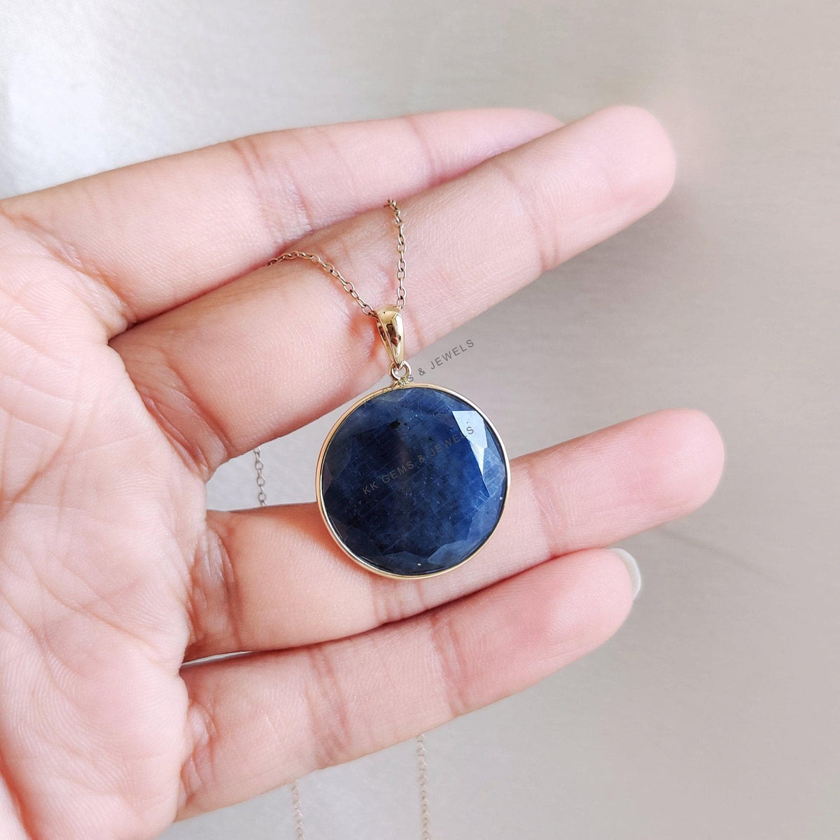 Natural Blue Sapphire Pendant, 14K Solid Yellow Gold Pendant, Bezel Set Pendant