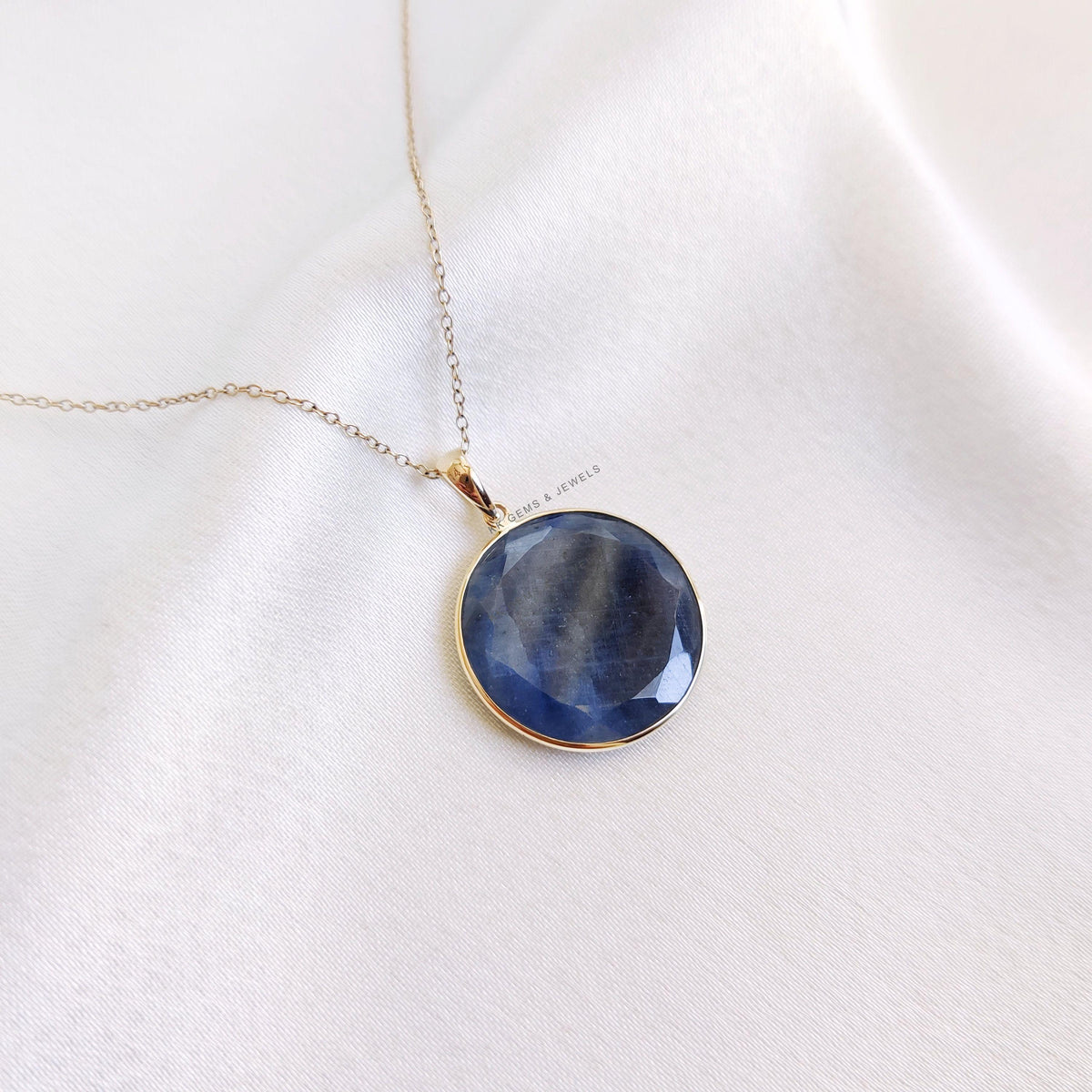 Natural Blue Sapphire Pendant, 14K Solid Yellow Gold Pendant, Bezel Set Pendant