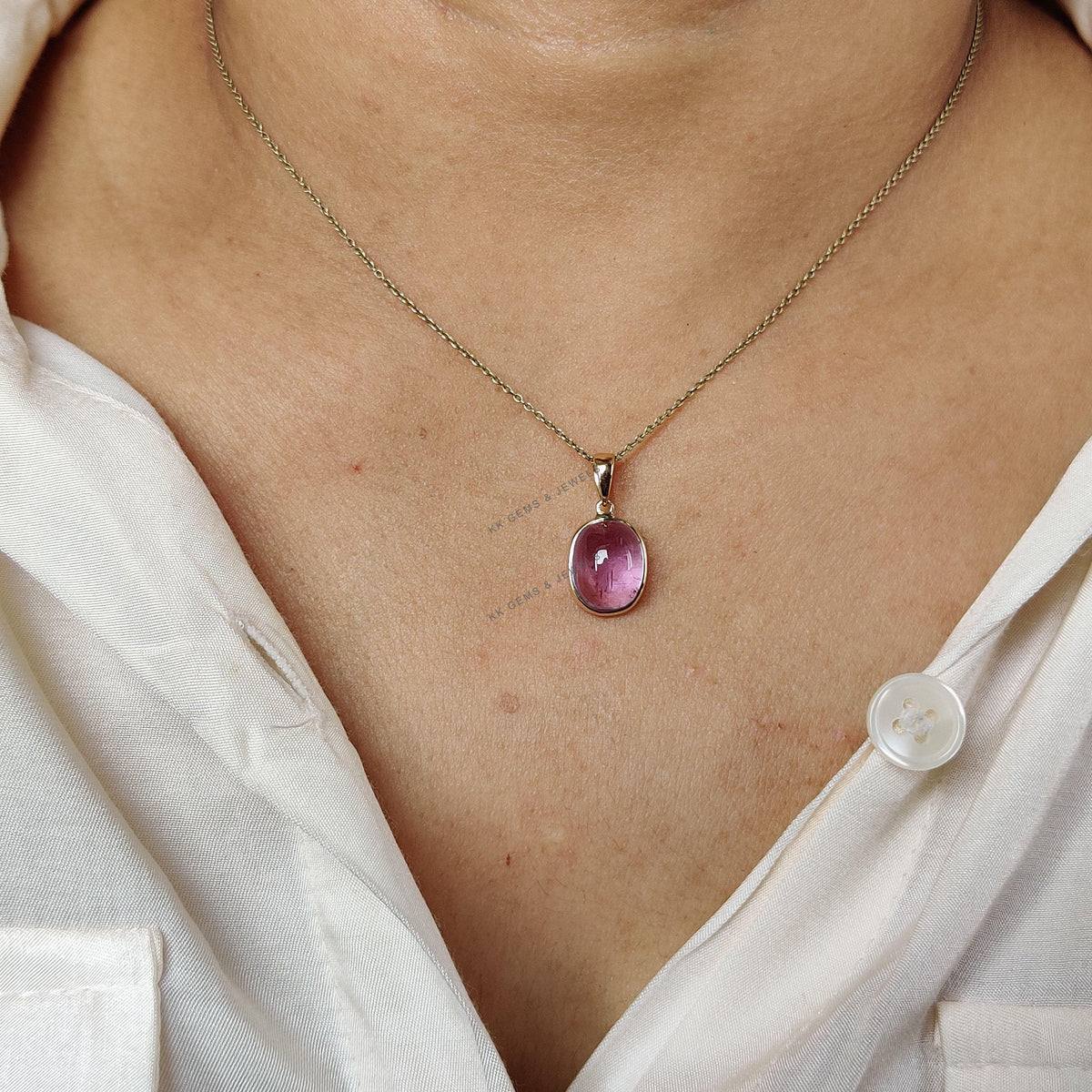 Natural Kunzite Oval Pendant, 14K Solid Yellow Gold Bezel, February Birthstone