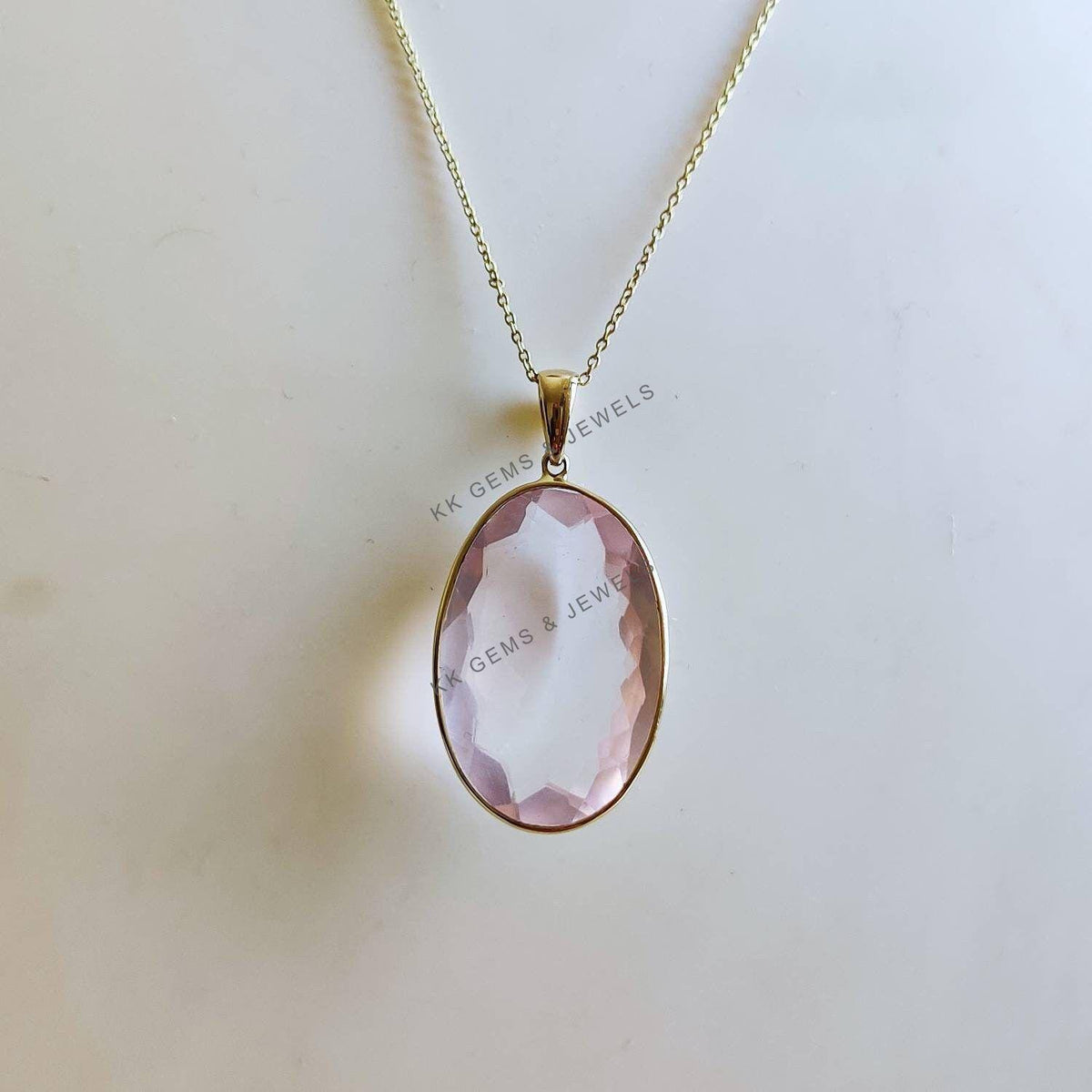 Natural Oval Rose Quartz Pendant, 14K Solid Gold Pendant, January Birthstone