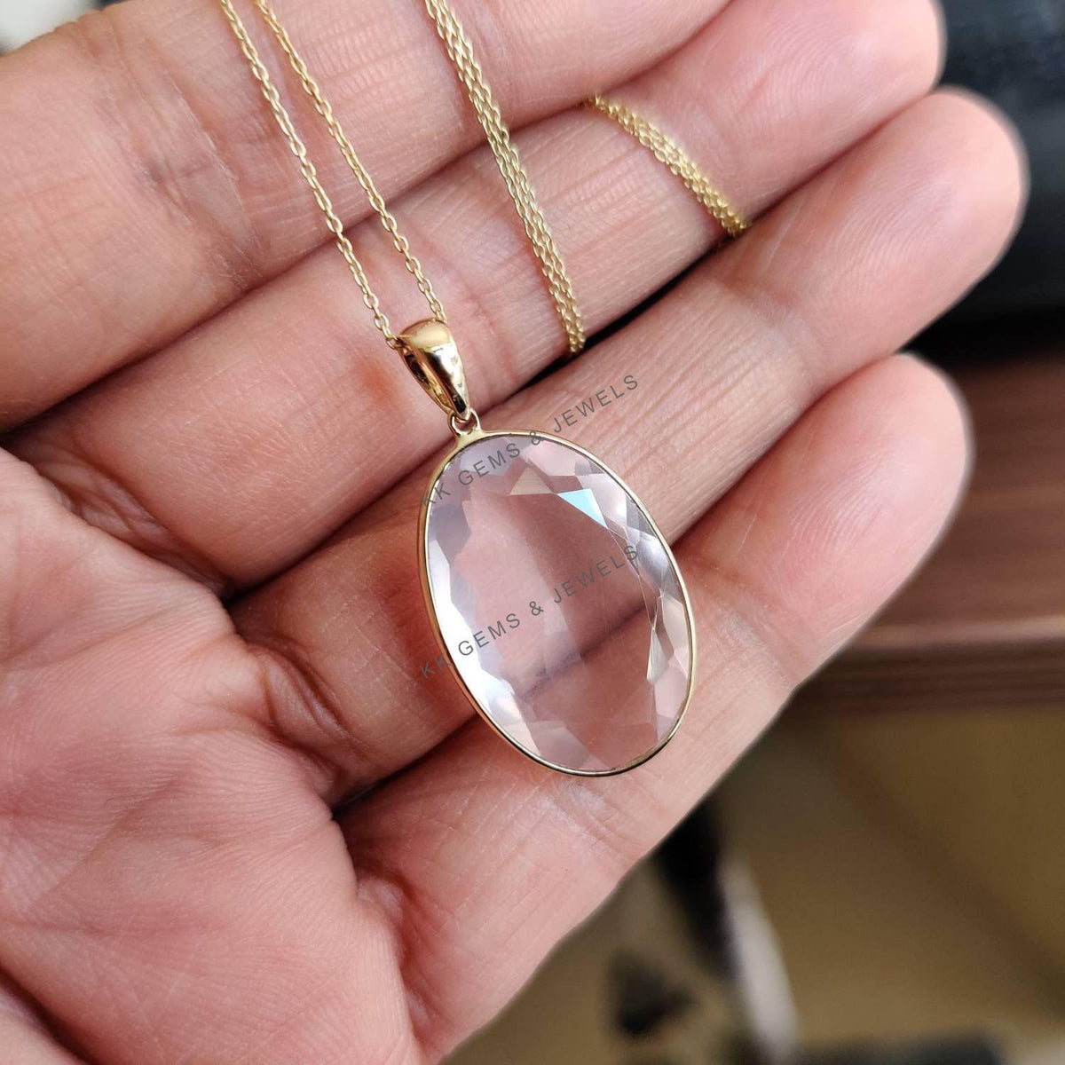 Natural Oval Rose Quartz Pendant, 14K Solid Gold Pendant, January Birthstone