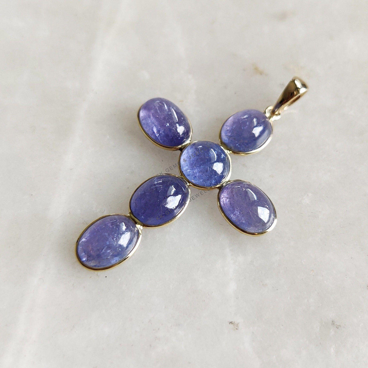 Natural Tanzanite Cross Pendant, 14K Solid Yellow Gold, December Birthstone