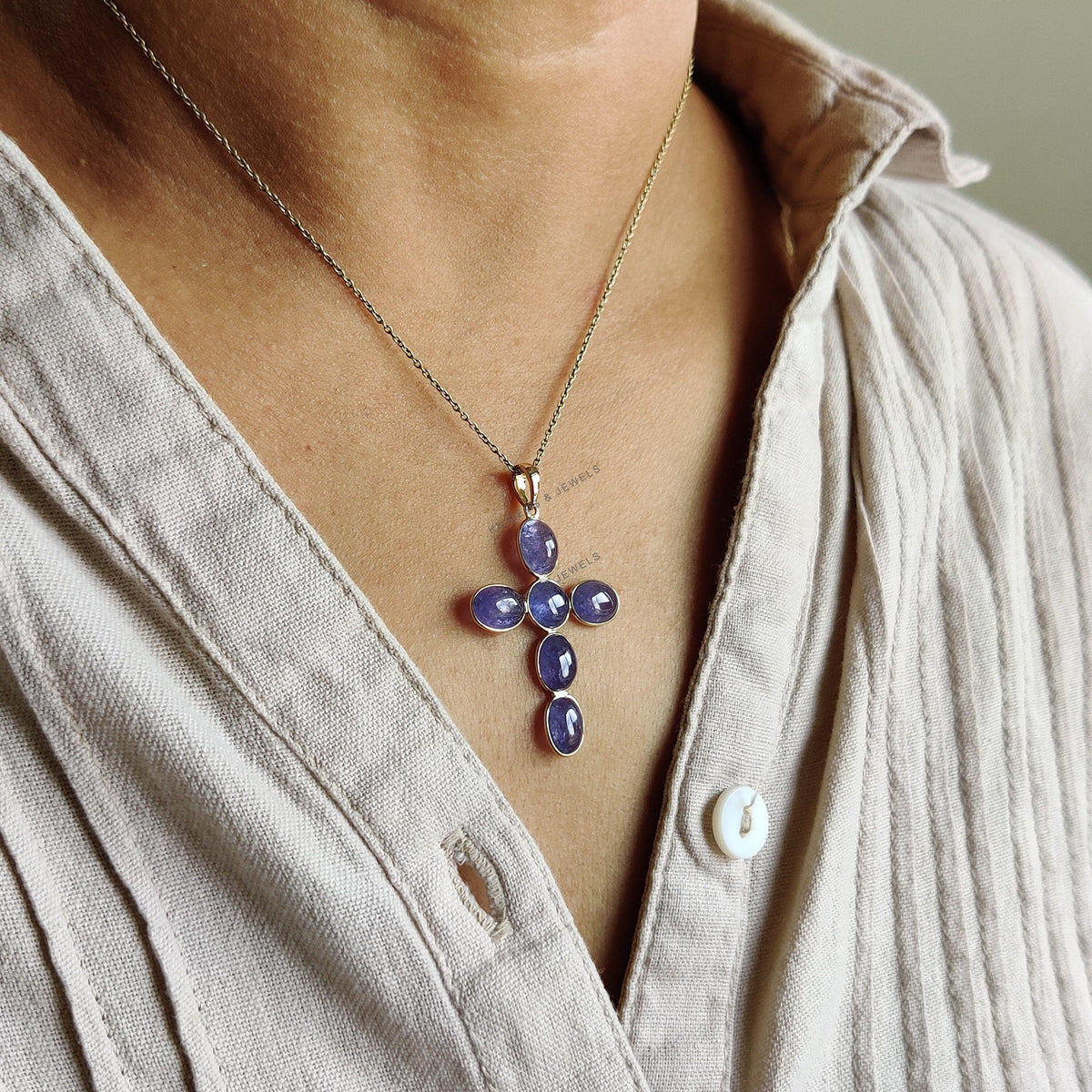Natural Tanzanite Cross Pendant, 14K Solid Yellow Gold, December Birthstone