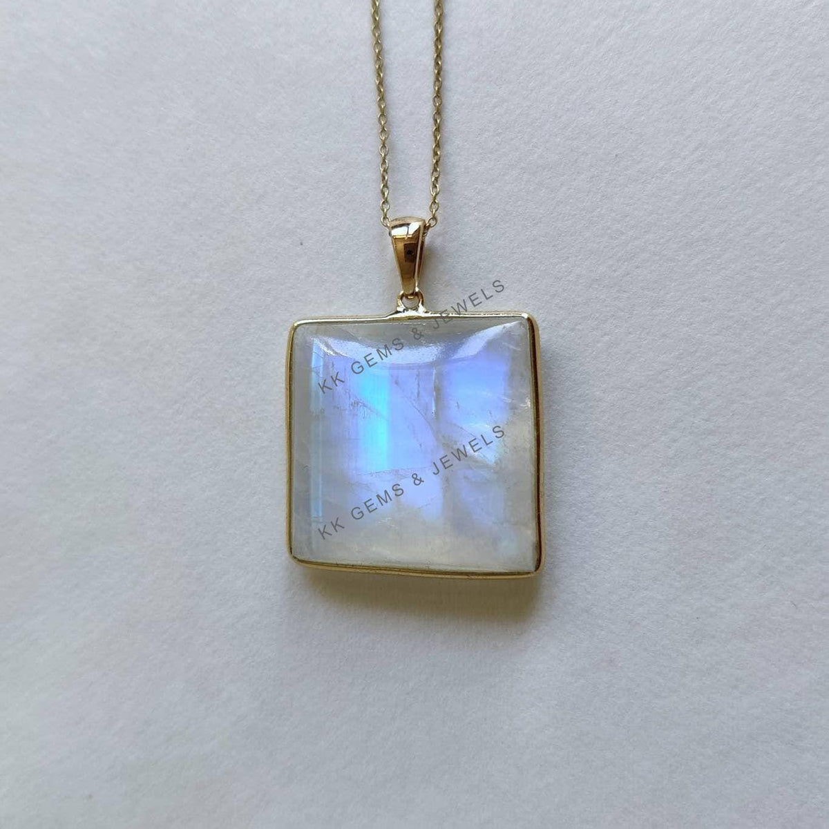 Natural Rainbow Moonstone 14K Solid Yellow Gold Pendant: June Birthstone