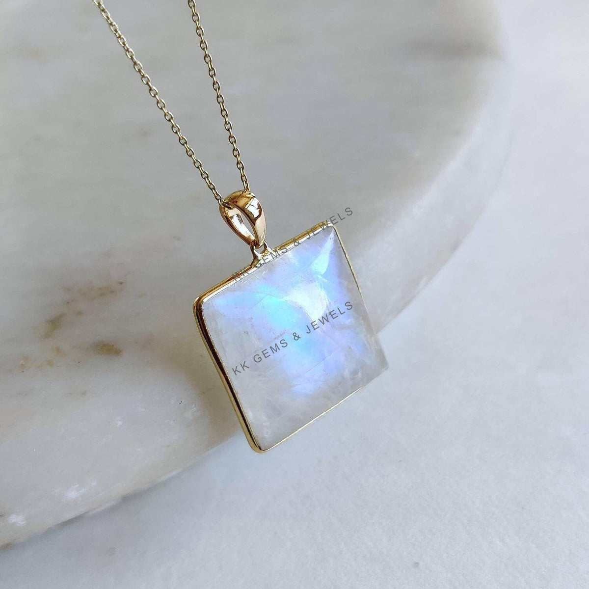 Natural Rainbow Moonstone 14K Solid Yellow Gold Pendant: June Birthstone