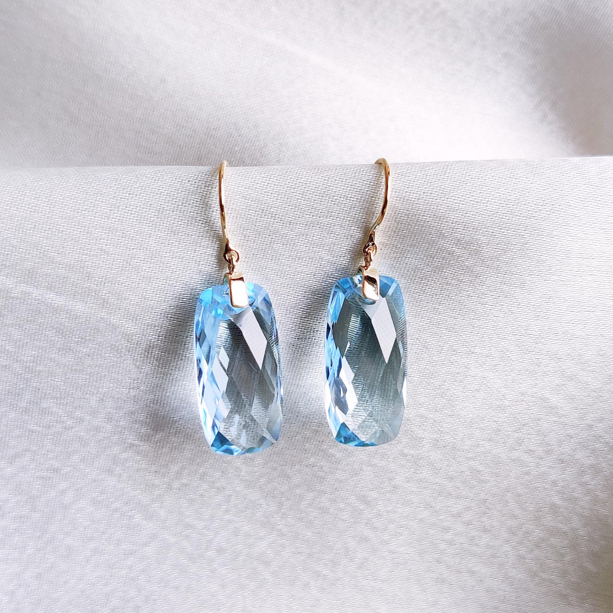 Natural Sky Blue Topaz Drill Earrings, 14K Solid Yellow Gold, December Birthstone