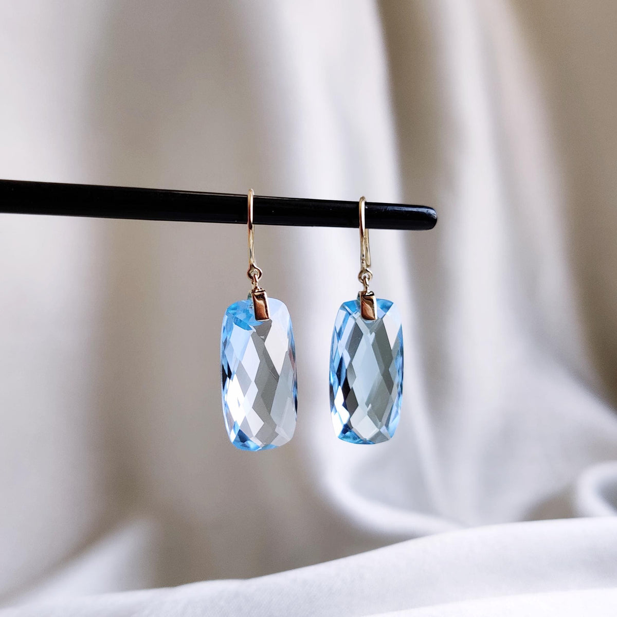 Natural Sky Blue Topaz Drill Earrings, 14K Solid Yellow Gold, December Birthstone