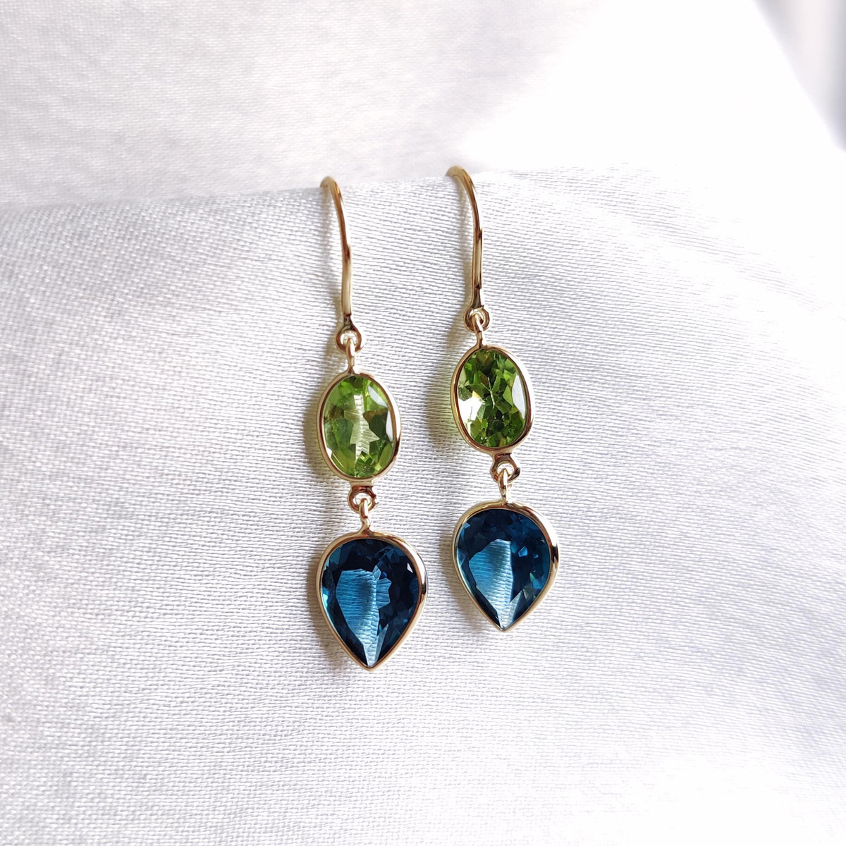 Natural Peridot & London Blue Topaz 14K Solid Yellow Gold Bezel Dangle Earrings, Christmas Gift