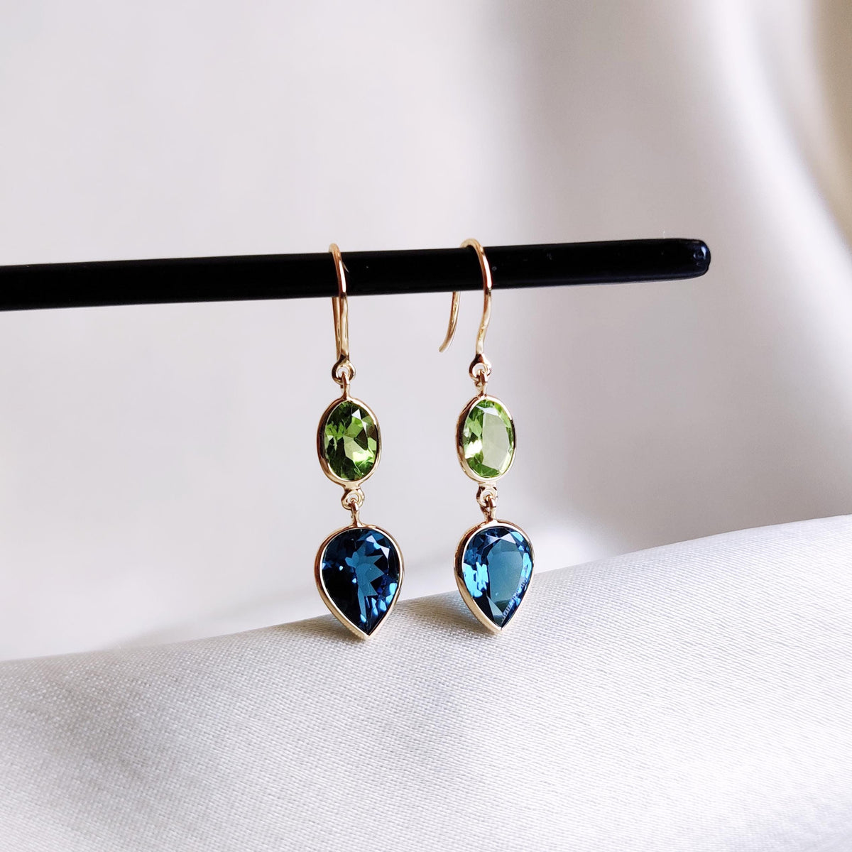 Natural Peridot & London Blue Topaz 14K Solid Yellow Gold Bezel Dangle Earrings, Christmas Gift