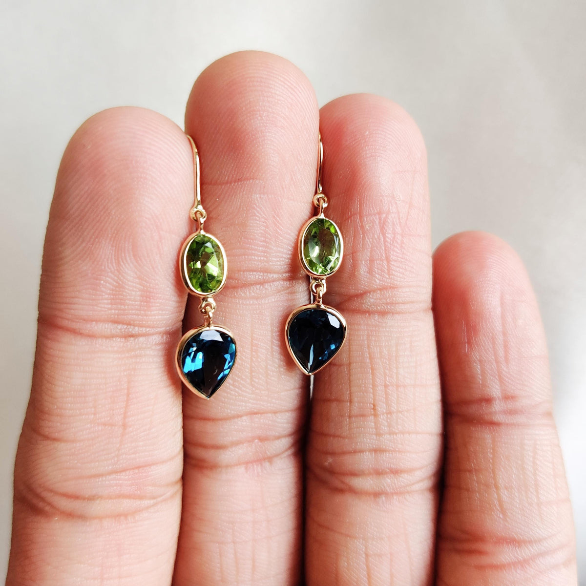 Natural Peridot & London Blue Topaz 14K Solid Yellow Gold Bezel Dangle Earrings, Christmas Gift