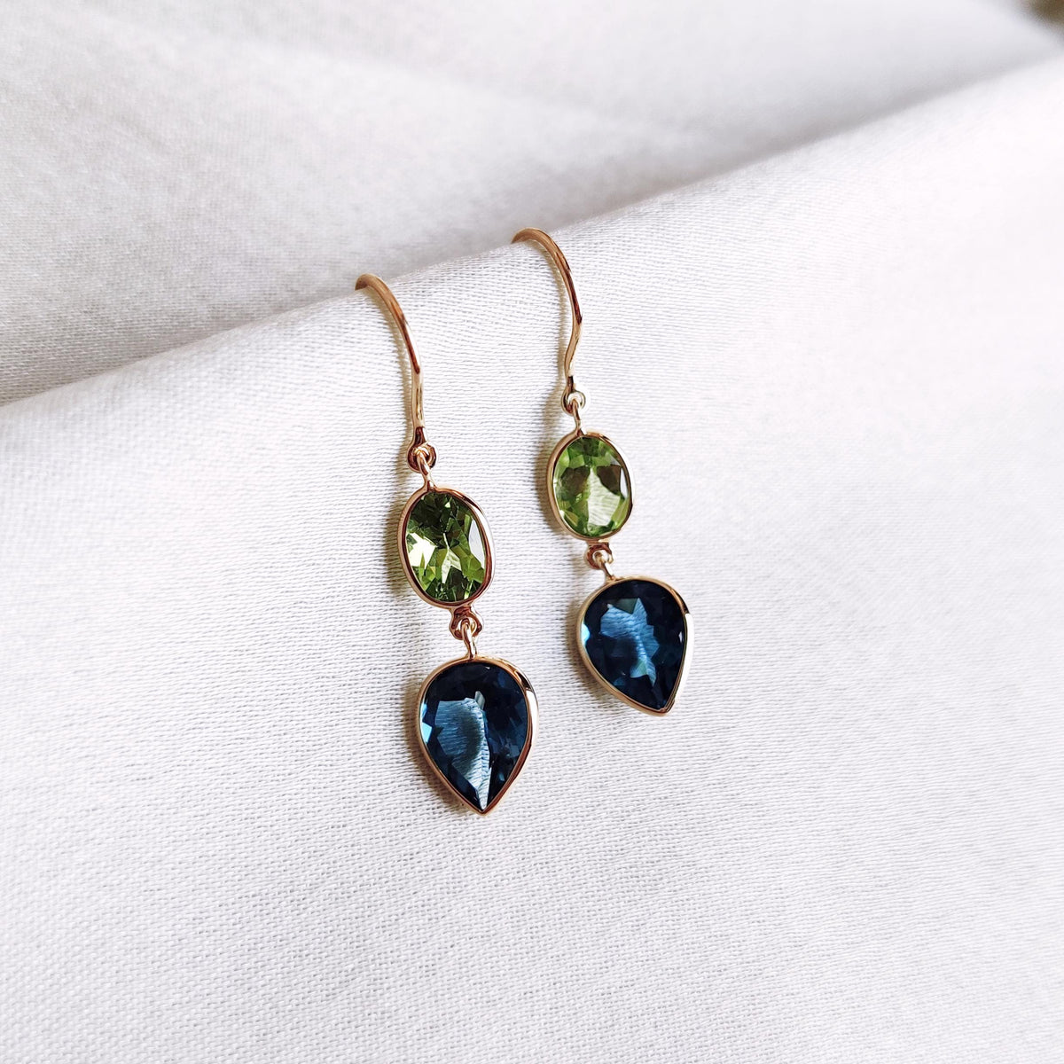 Natural Peridot & London Blue Topaz 14K Solid Yellow Gold Bezel Dangle Earrings, Christmas Gift