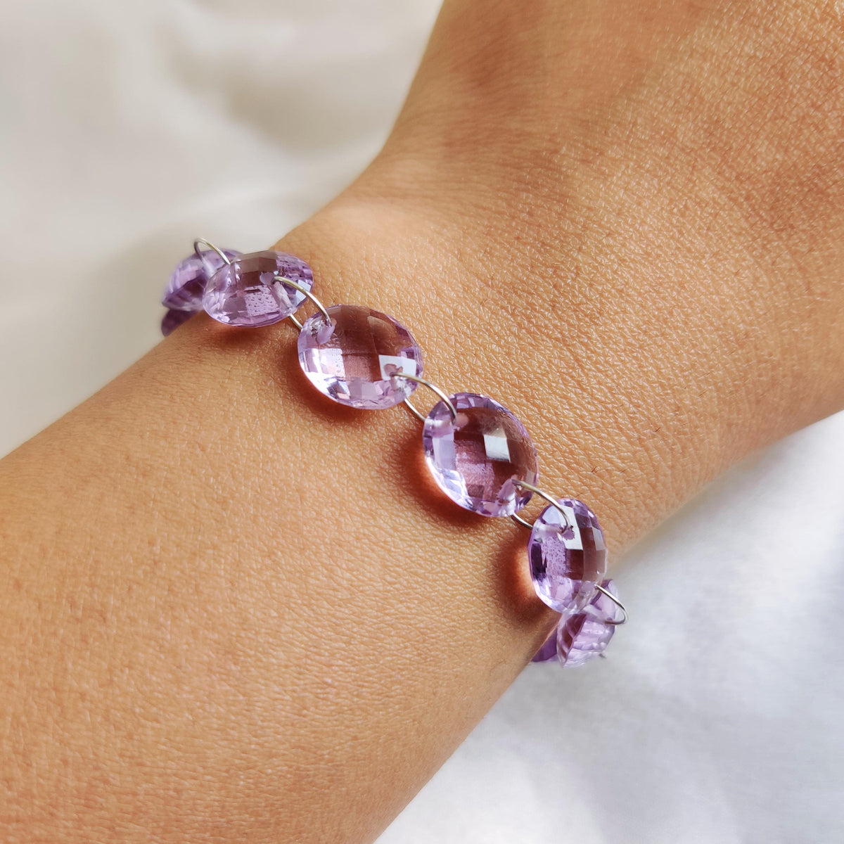 Natural Purple Amethyst Bracelet, 14K Solid White Gold, Dainty Chain
