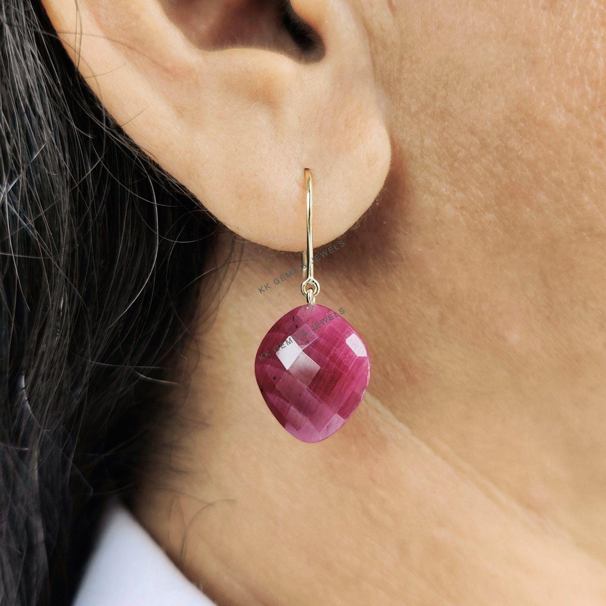 14K Solid Yellow Gold Natural Ruby Drop Drill Earrings, July Birthstone