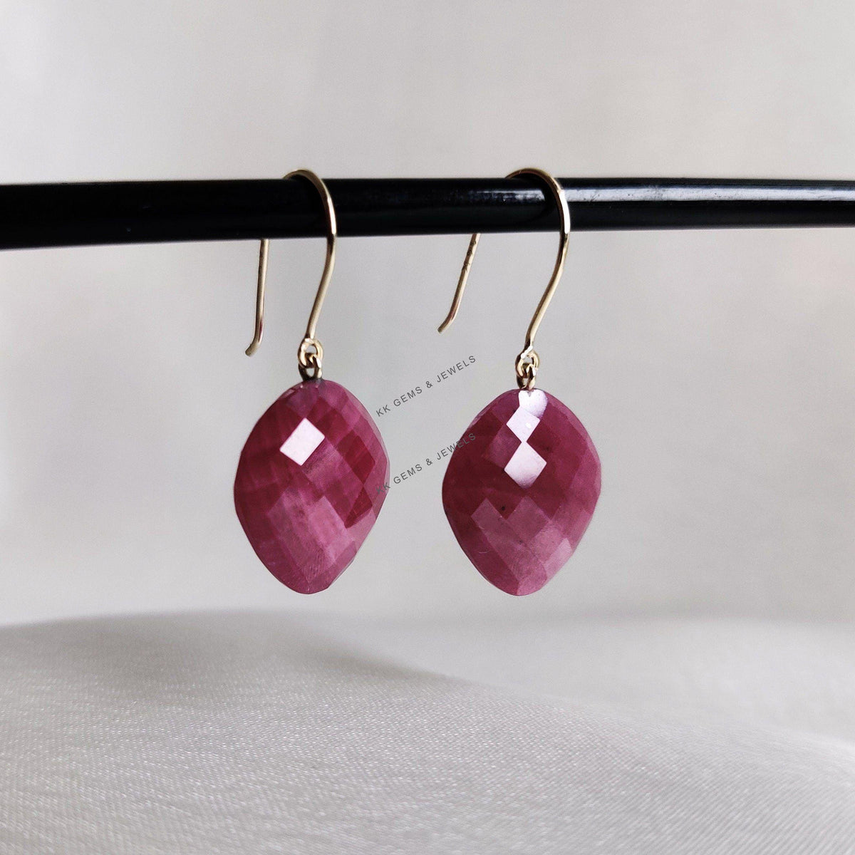 14K Solid Yellow Gold Natural Ruby Drop Drill Earrings, July Birthstone