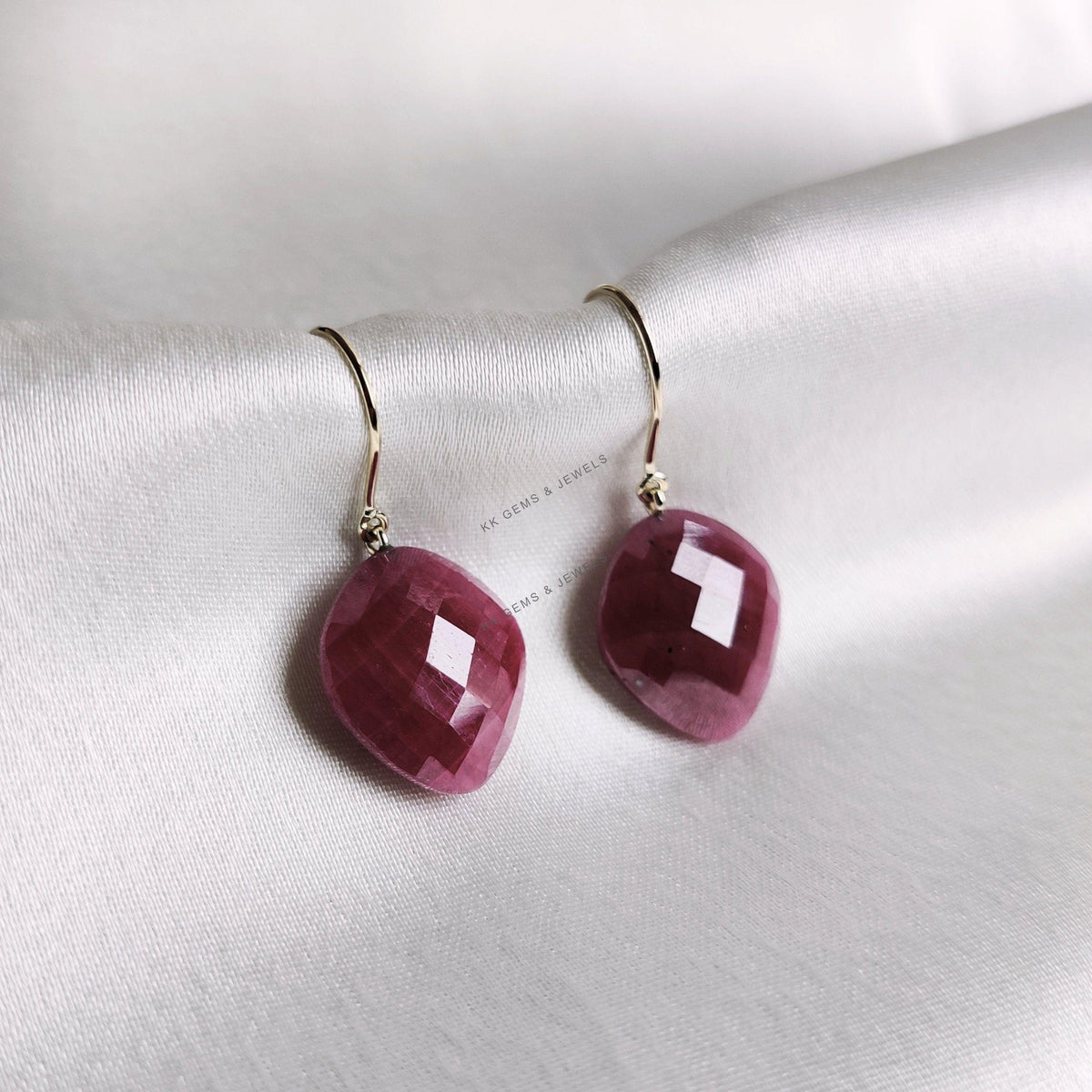 14K Solid Yellow Gold Natural Ruby Drop Drill Earrings, July Birthstone