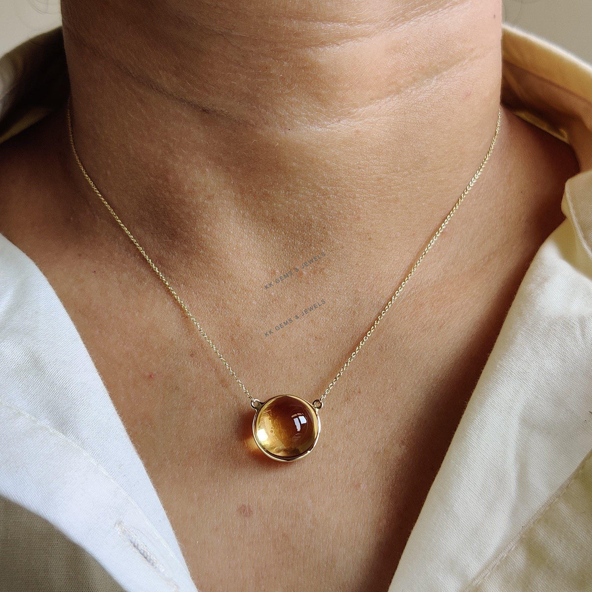 14K Solid Yellow Gold Natural Citrine Pendant Necklace - November Birthstone