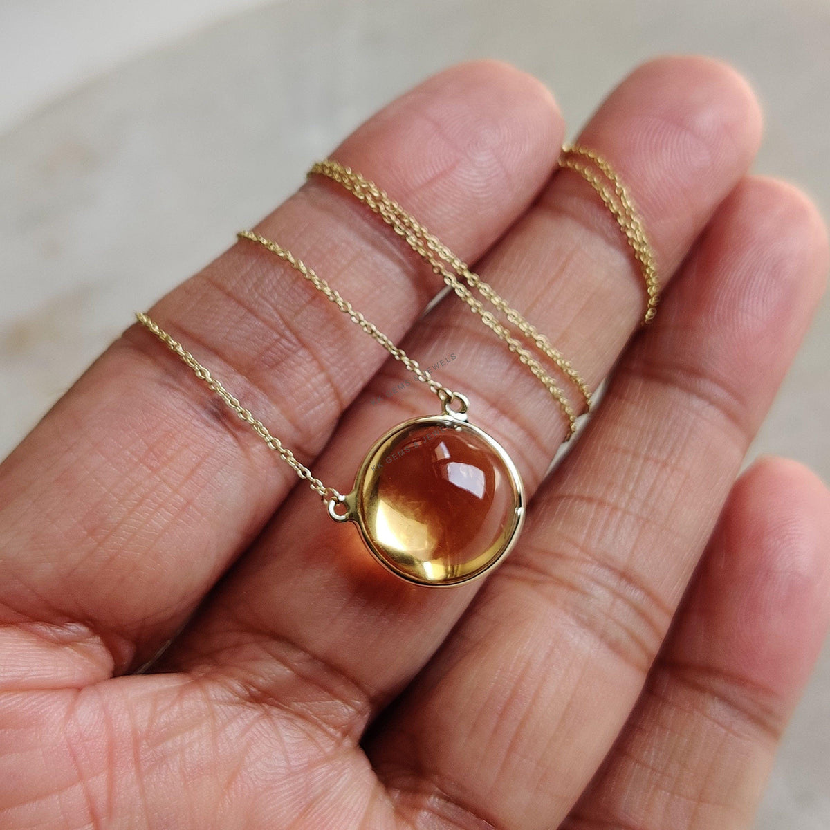 14K Solid Yellow Gold Natural Citrine Pendant Necklace - November Birthstone