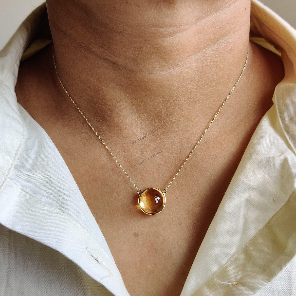 14K Solid Yellow Gold Natural Citrine Pendant Necklace - November Birthstone