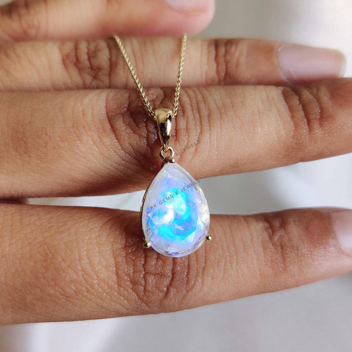 Natural Rainbow Moonstone Pendant, 14K Solid Yellow Gold, Pear Cut