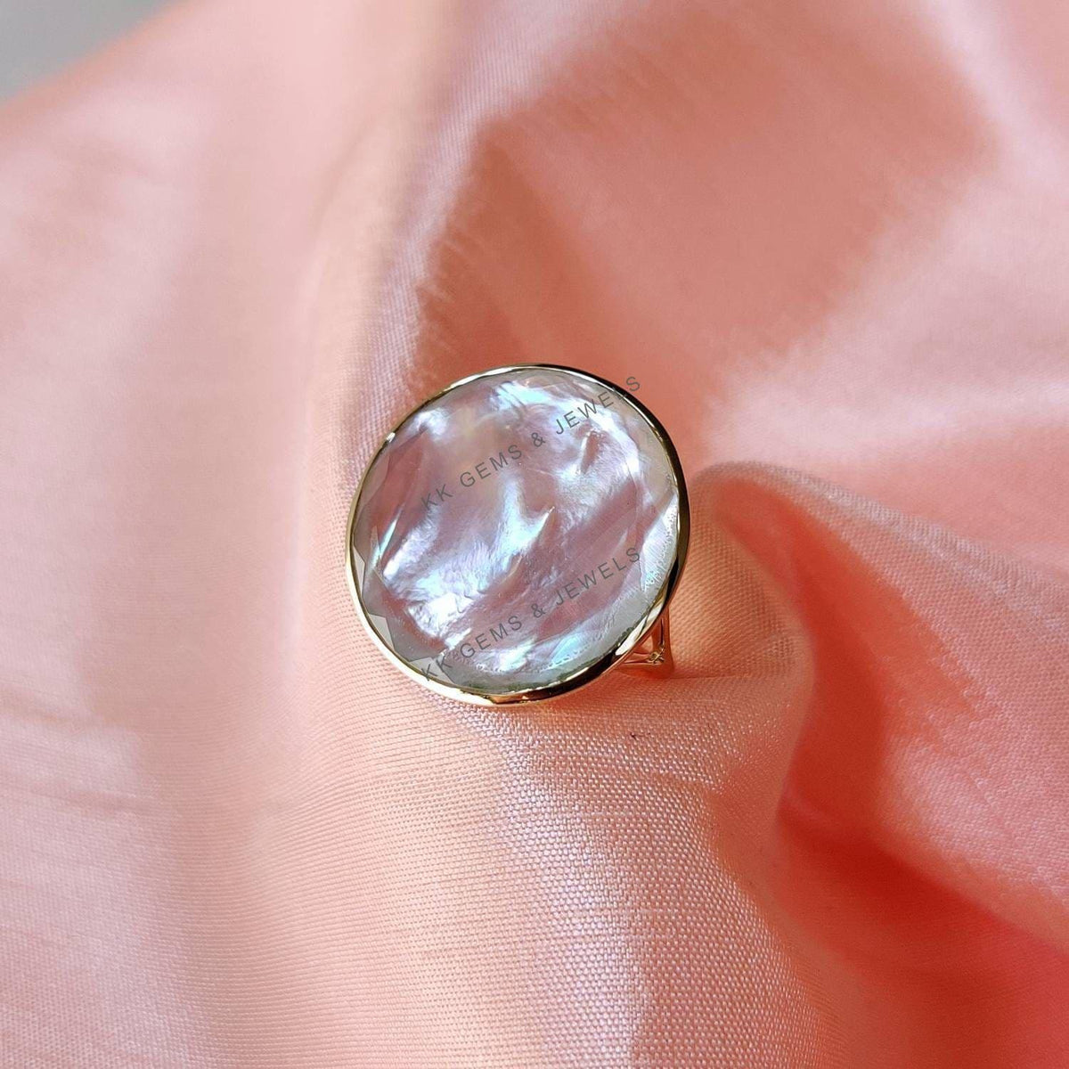 Natural Mother of Pearl Ring, 14K Solid Gold Bezel, June Birthstone