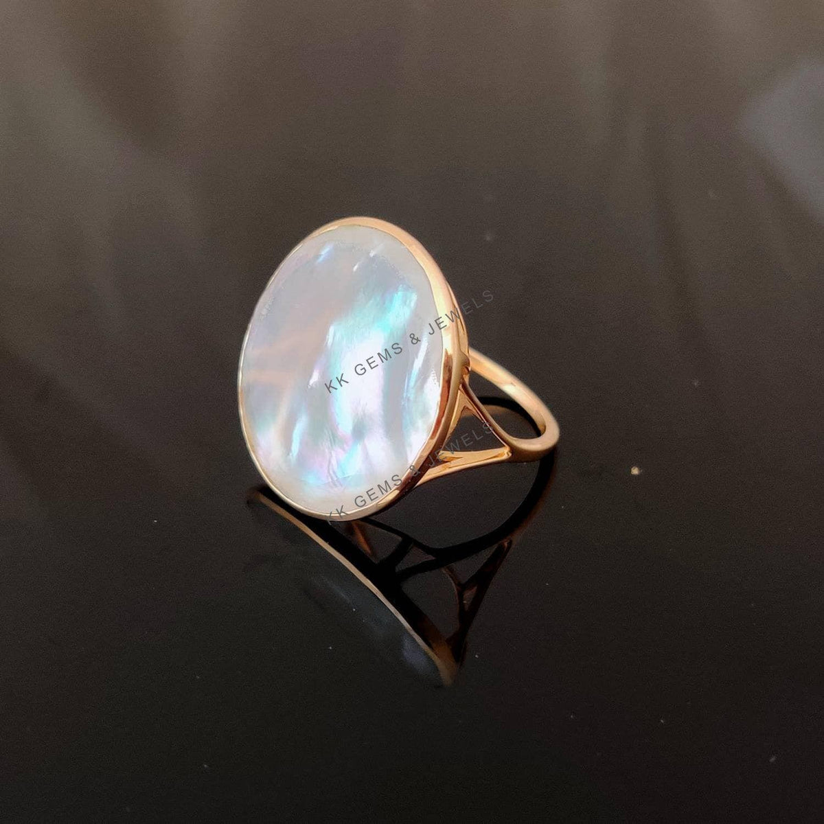 Natural Mother of Pearl Ring, 14K Solid Gold Bezel, June Birthstone
