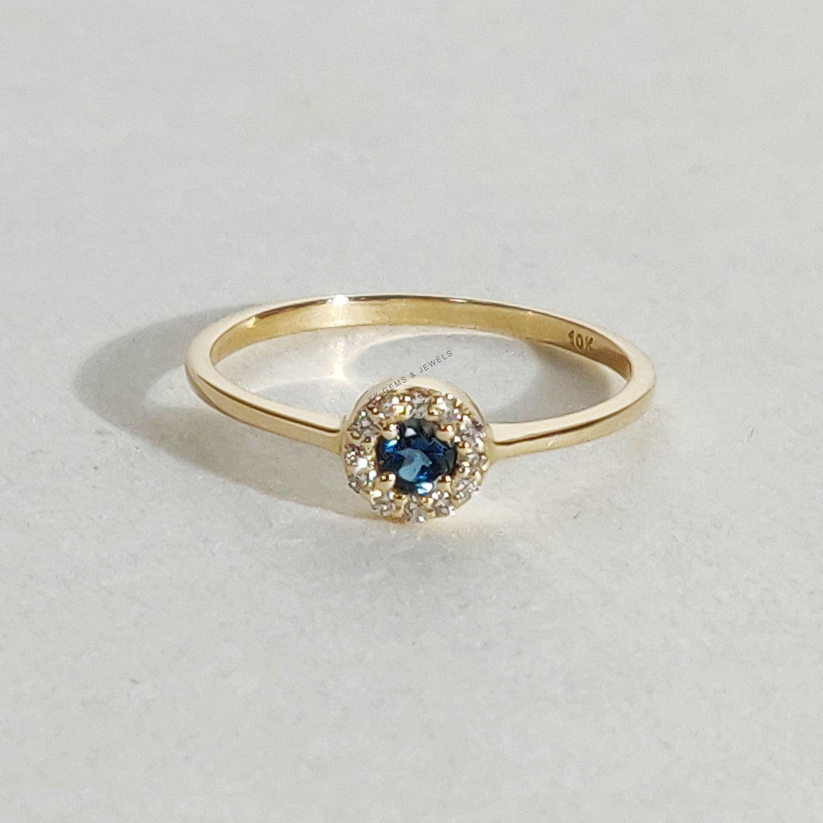 Natural London Blue Topaz & Diamond Ring, 10K Solid Yellow Gold December Birthstone