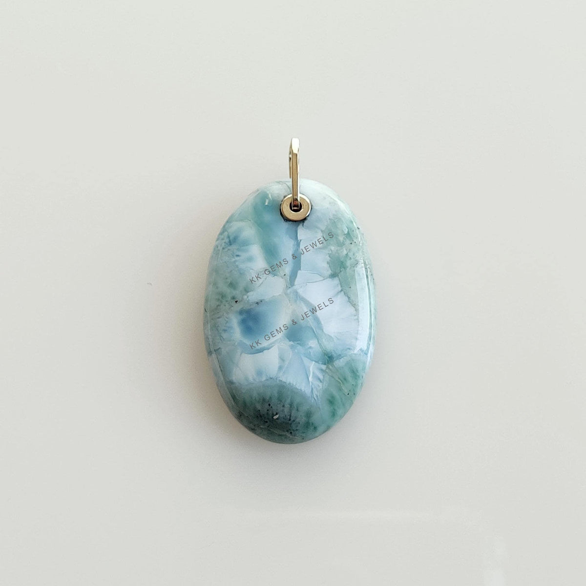 Natural Oval Larimar Pendant, 14K Solid Yellow Gold, Handmade Drill Jewelry