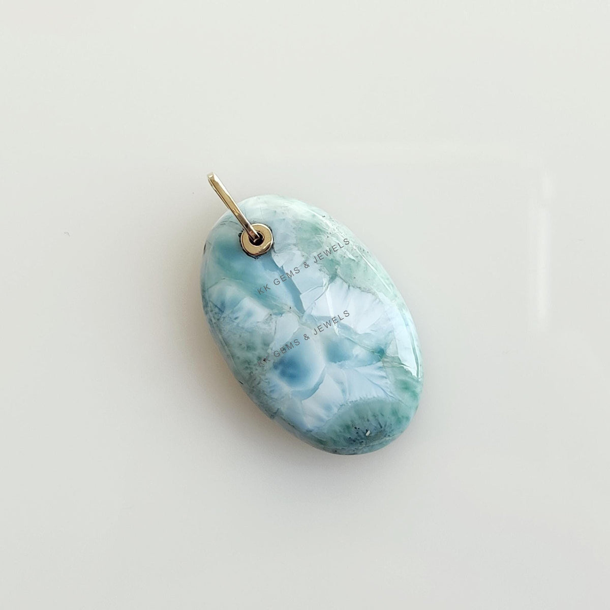 Natural Oval Larimar Pendant, 14K Solid Yellow Gold, Handmade Drill Jewelry