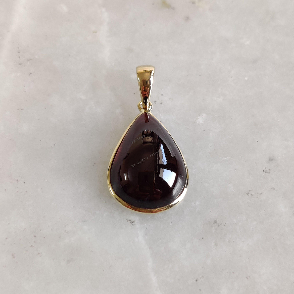 14K Solid Yellow Gold Natural Garnet Pendant: Pear Cabochon January Birthstone