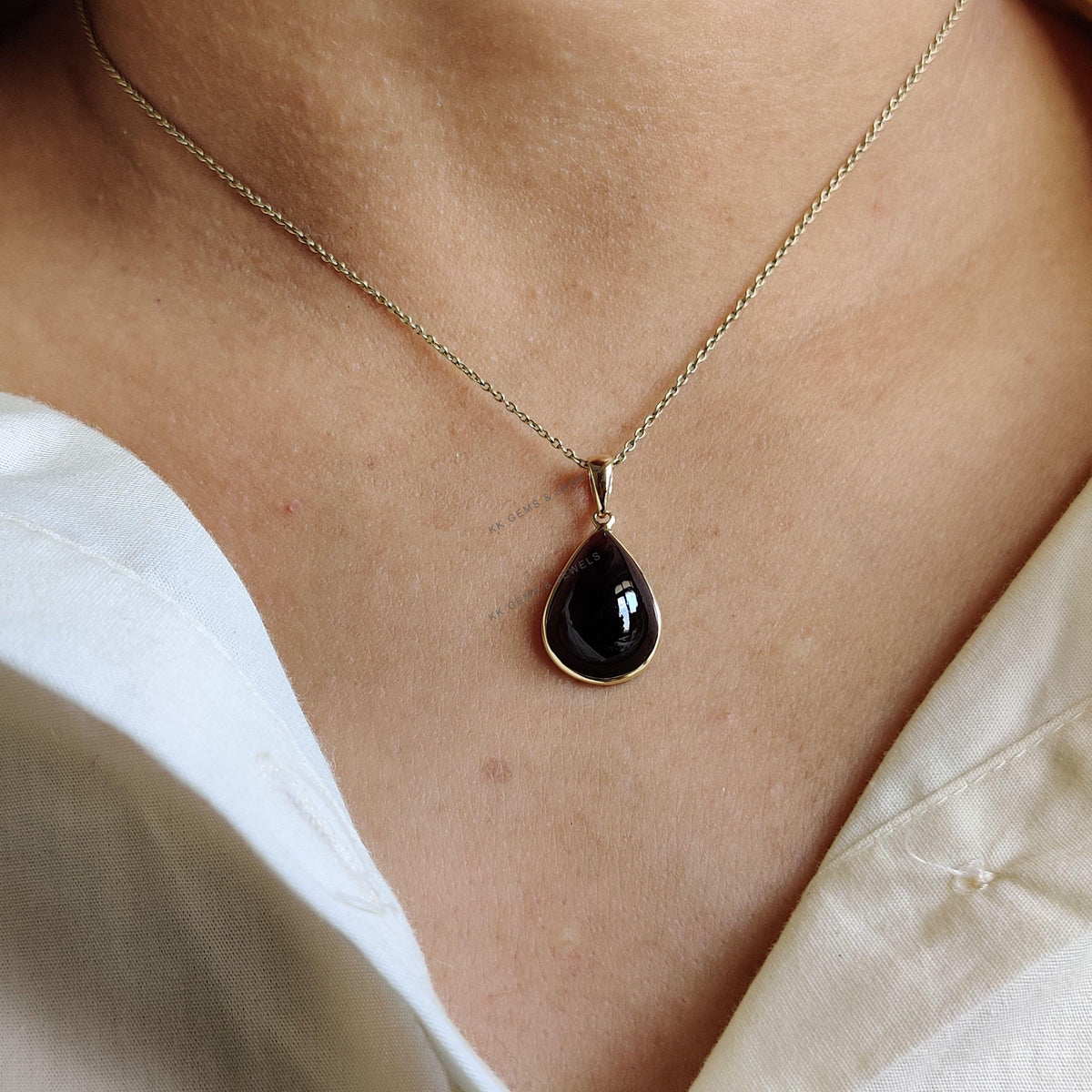 14K Solid Yellow Gold Natural Garnet Pendant: Pear Cabochon January Birthstone