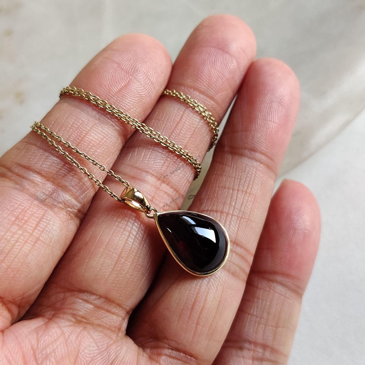 14K Solid Yellow Gold Natural Garnet Pendant: Pear Cabochon January Birthstone