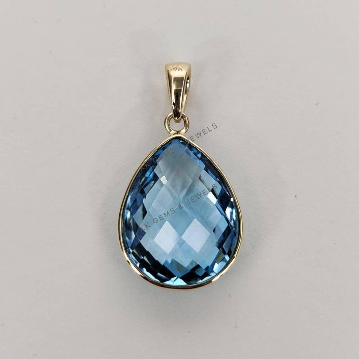 14K Solid Gold Natural Sky Blue Topaz Pear Pendant, December Birthstone