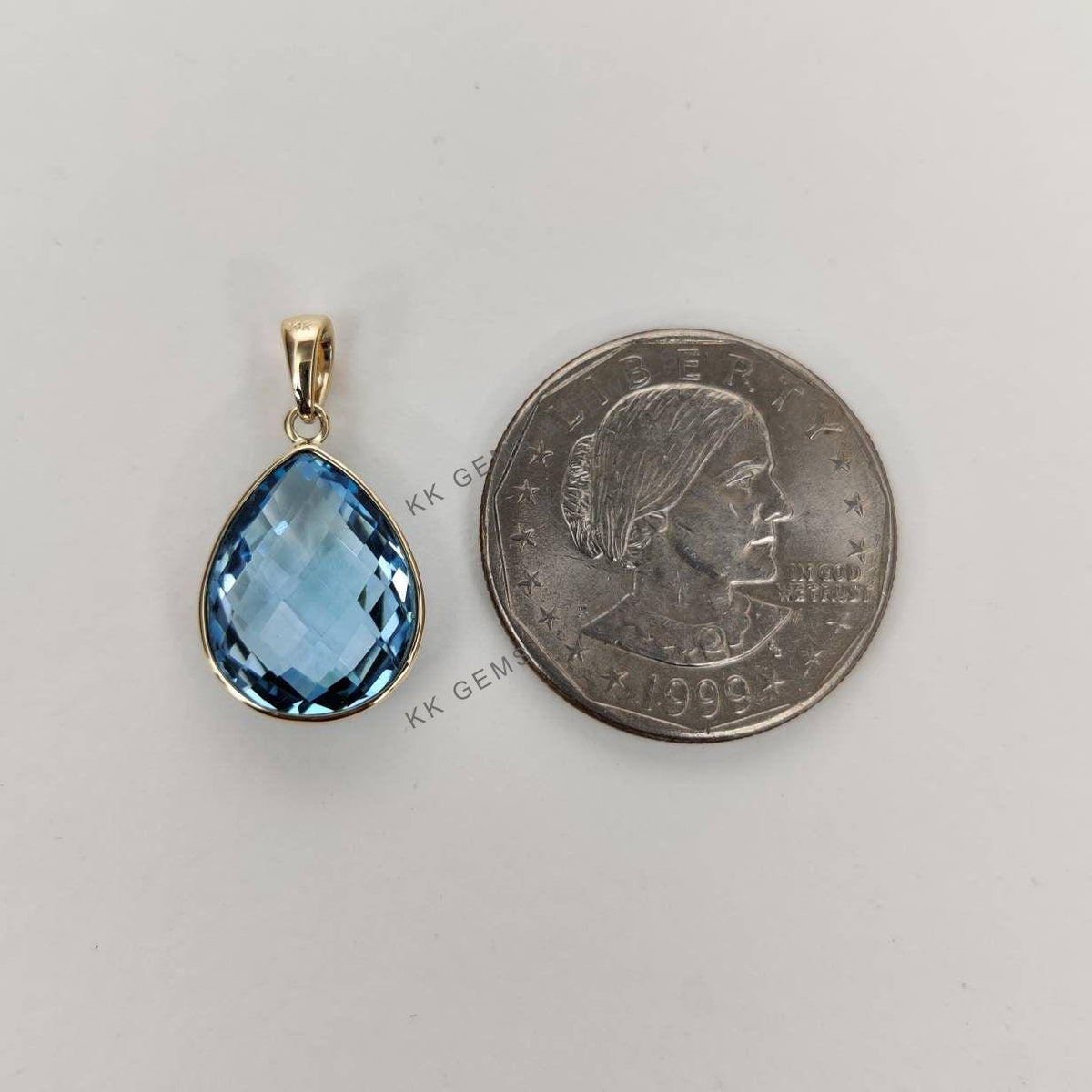 14K Solid Gold Natural Sky Blue Topaz Pear Pendant, December Birthstone