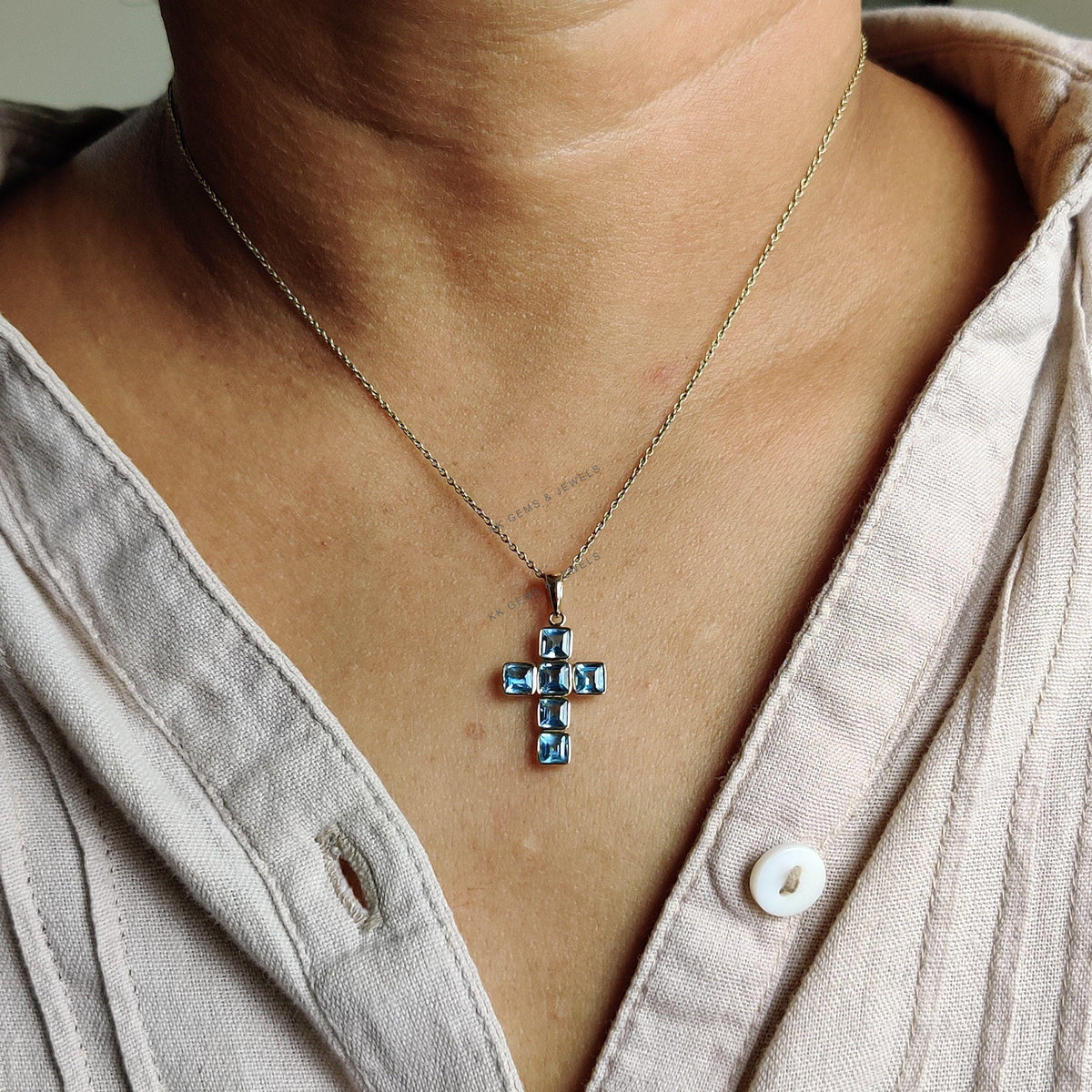 14K Solid Yellow Gold Natural Swiss Blue Topaz Cross Pendant, December Birthstone