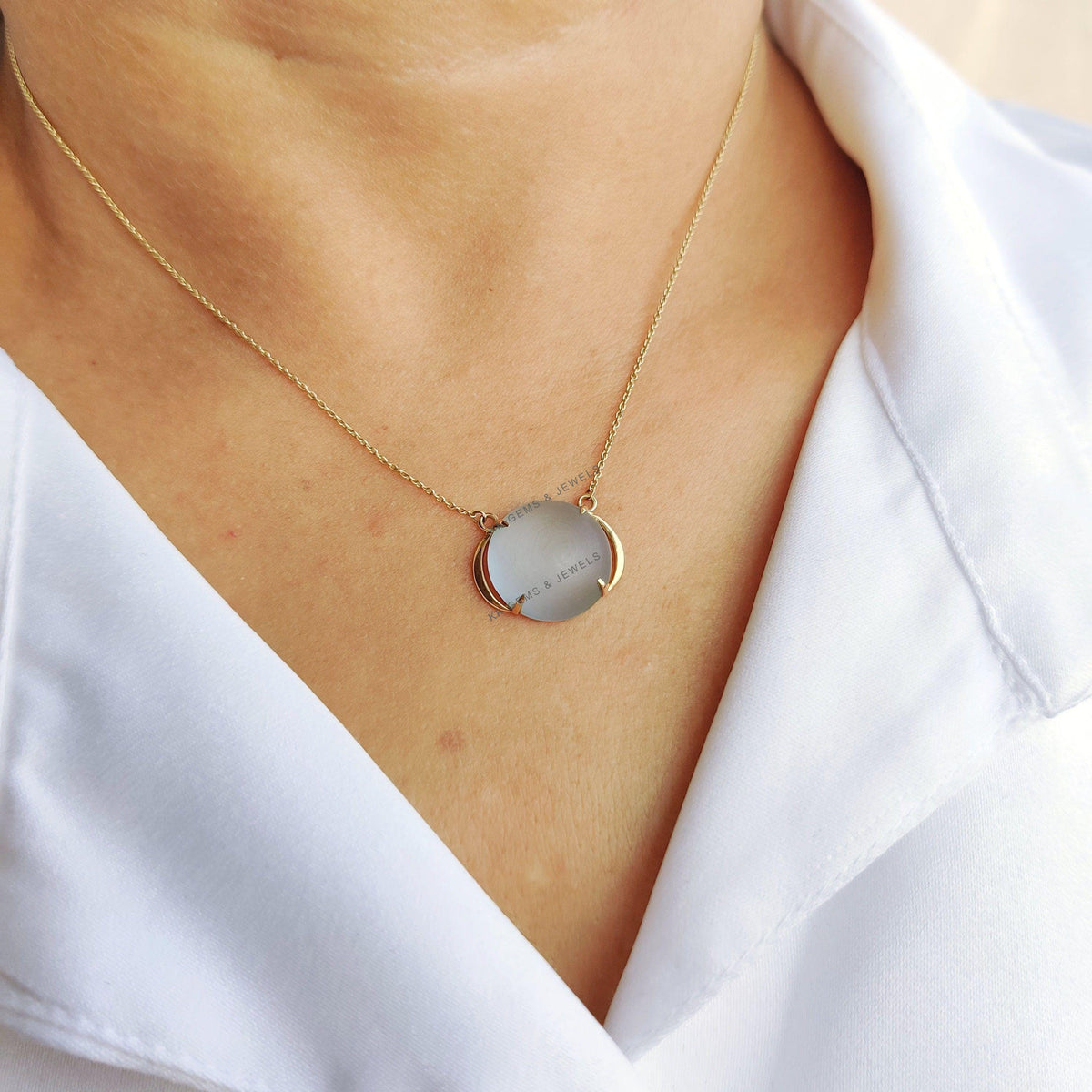 14K Solid Yellow Gold Frosted Natural Sky Blue Topaz Chain Necklace, December Birthstone