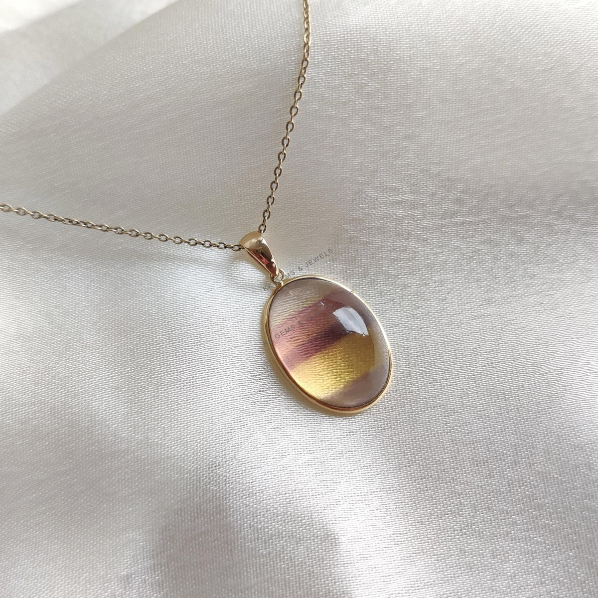 Oval Natural Fluorite Pendant, 14K Solid Yellow Gold Pendant, March Birthstone
