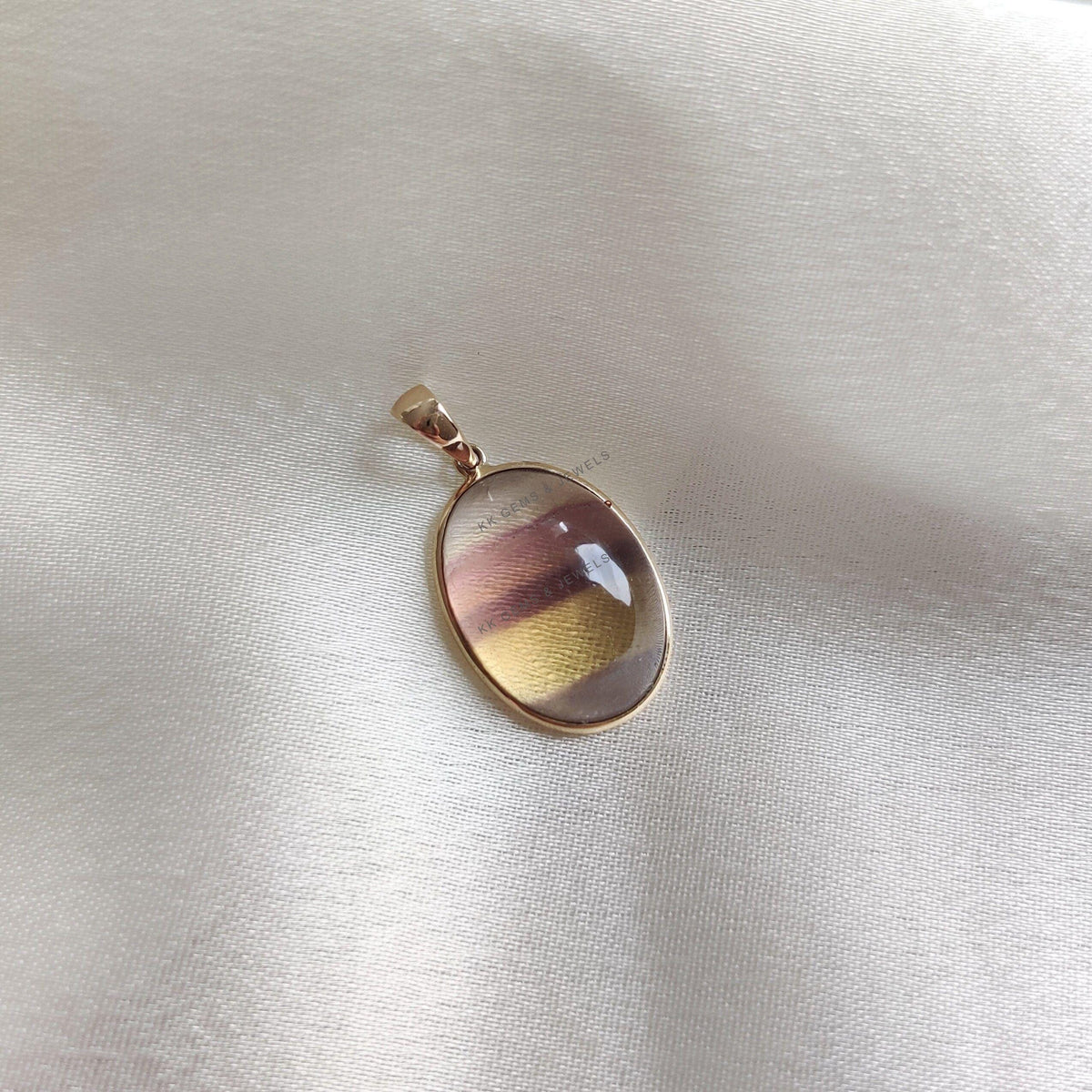 Oval Natural Fluorite Pendant, 14K Solid Yellow Gold Pendant, March Birthstone