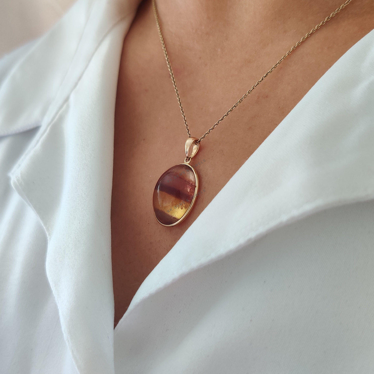 Oval Natural Fluorite Pendant, 14K Solid Yellow Gold Pendant, March Birthstone