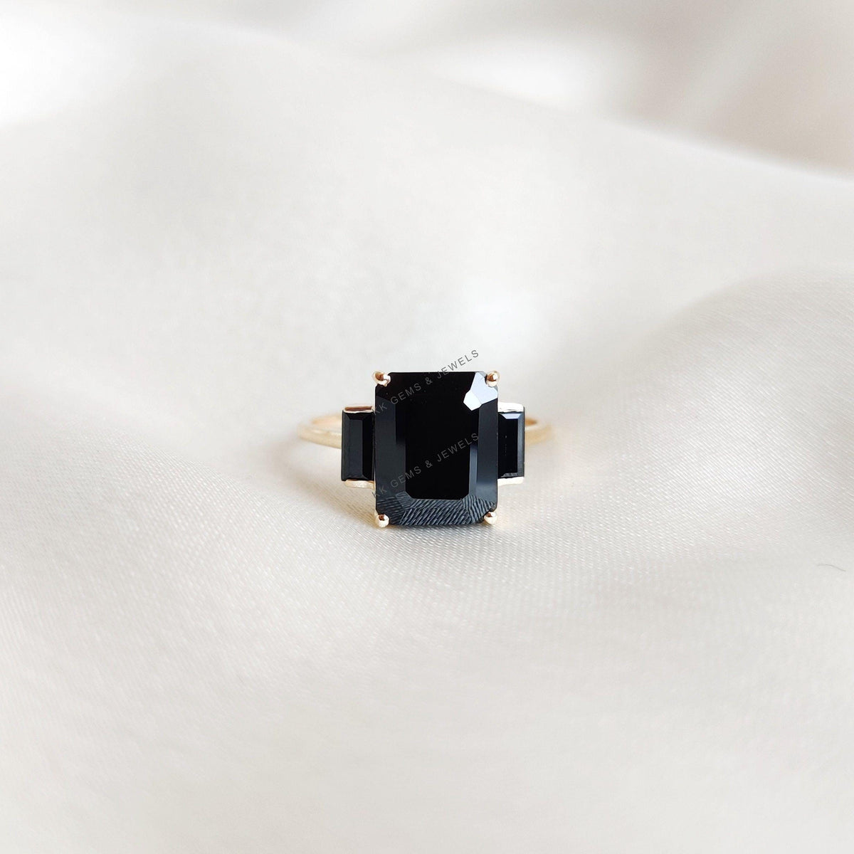 Emerald Cut Natural Black Spinel Ring: 14K Solid Yellow Gold December Birthstone
