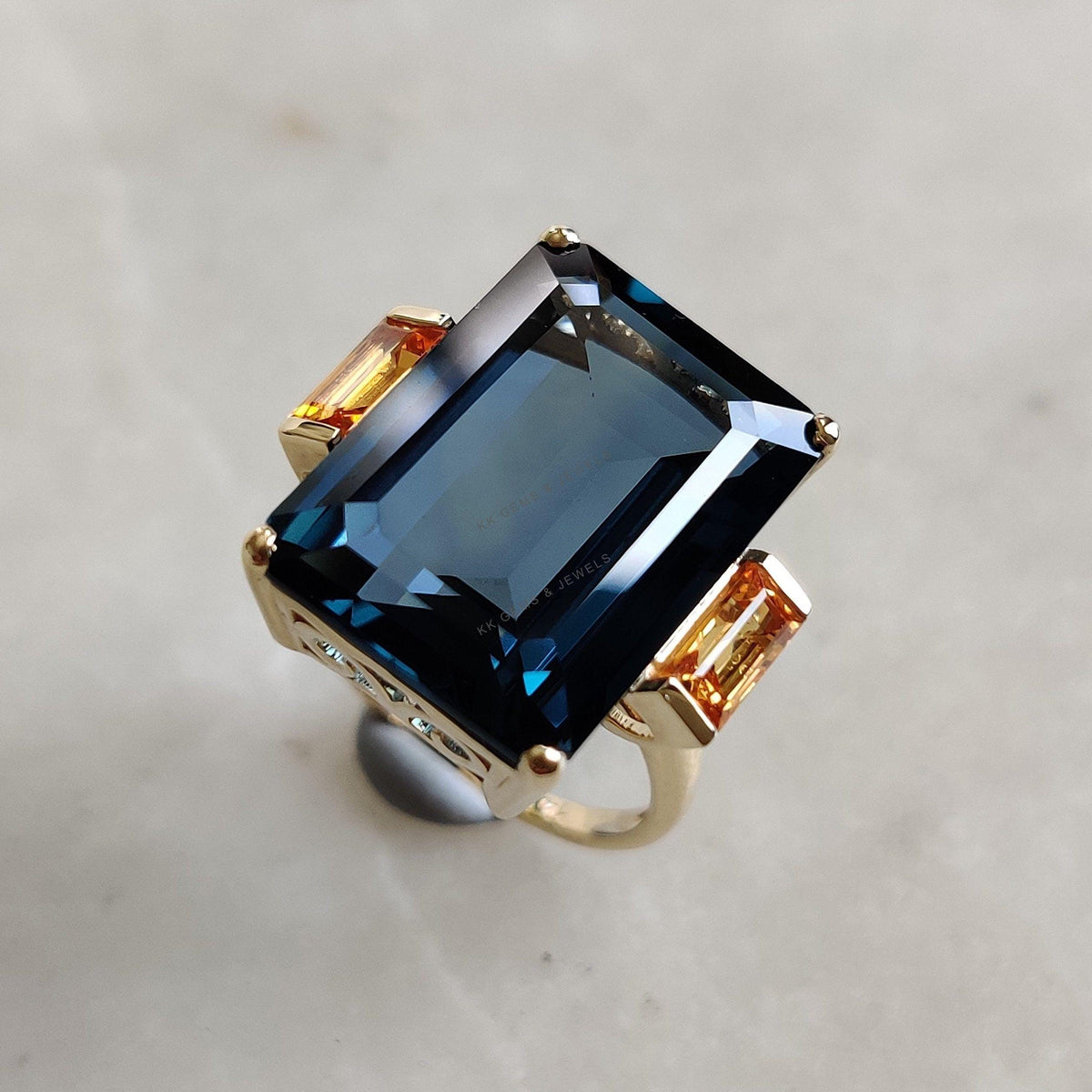 Natural London Blue Topaz & Orange Sapphire Ring, 14K Solid Yellow Gold Engagement Ring