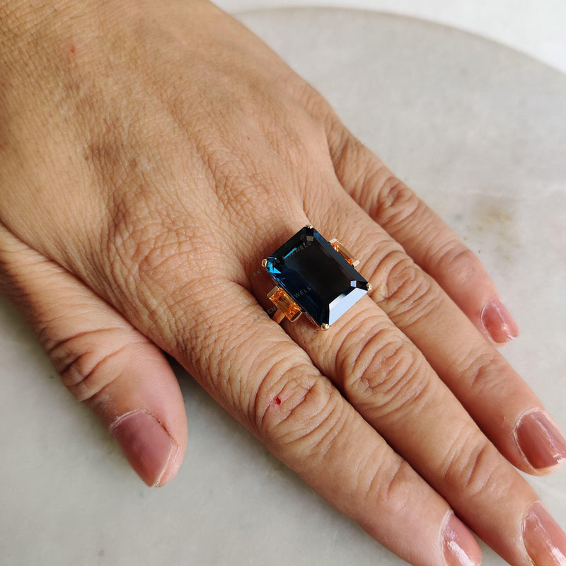 Natural London Blue Topaz & Orange Sapphire Ring, 14K Solid Yellow Gold Engagement Ring
