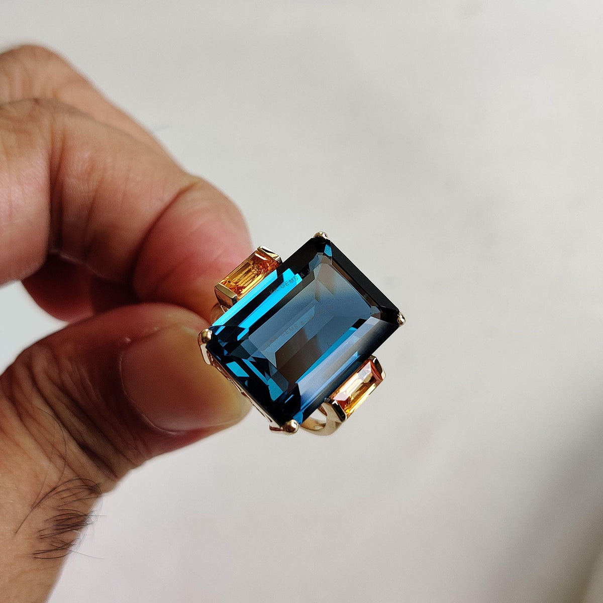 Natural London Blue Topaz & Orange Sapphire Ring, 14K Solid Yellow Gold Engagement Ring