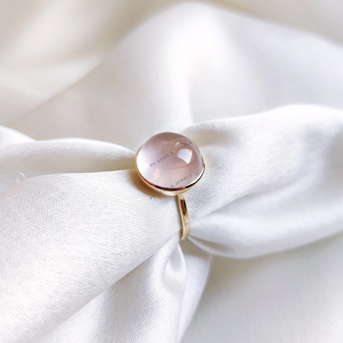 14K Solid Gold Natural Rose Quartz Ring, Round Cabochon, January Birthstone