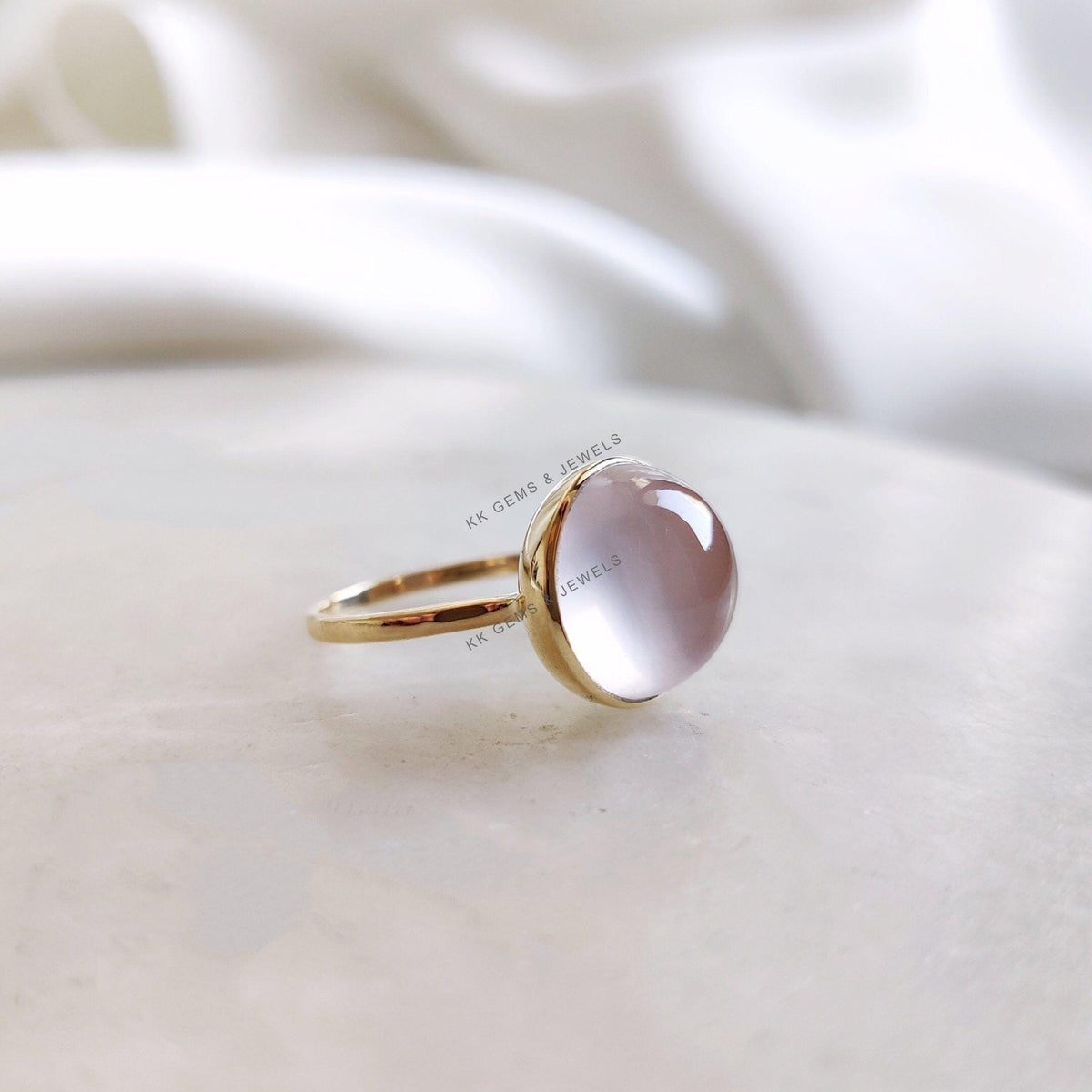 14K Solid Gold Natural Rose Quartz Ring, Round Cabochon, January Birthstone