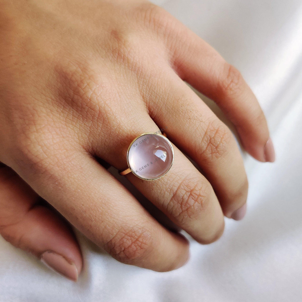 14K Solid Gold Natural Rose Quartz Ring, Round Cabochon, January Birthstone