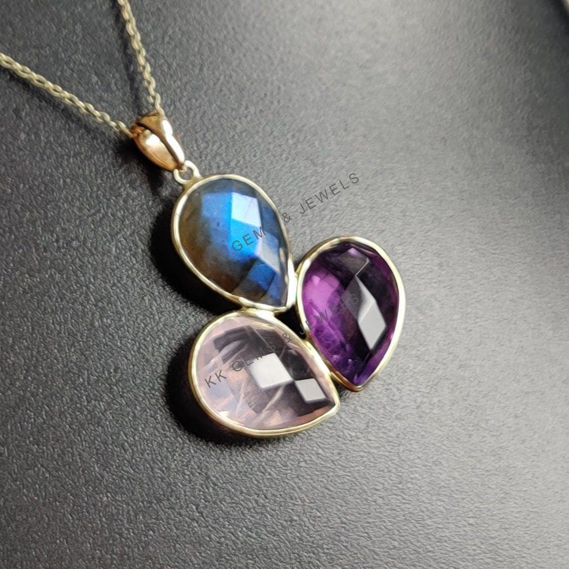 14K Solid Yellow Gold Natural Labradorite & Purple Amethyst Rose Quartz Pendant, Multi Stone Pendant