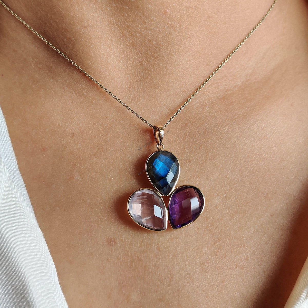 14K Solid Yellow Gold Natural Labradorite & Purple Amethyst Rose Quartz Pendant, Multi Stone Pendant
