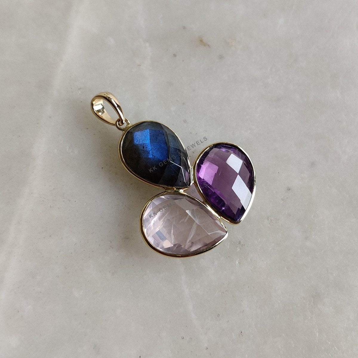 14K Solid Yellow Gold Natural Labradorite & Purple Amethyst Rose Quartz Pendant, Multi Stone Pendant
