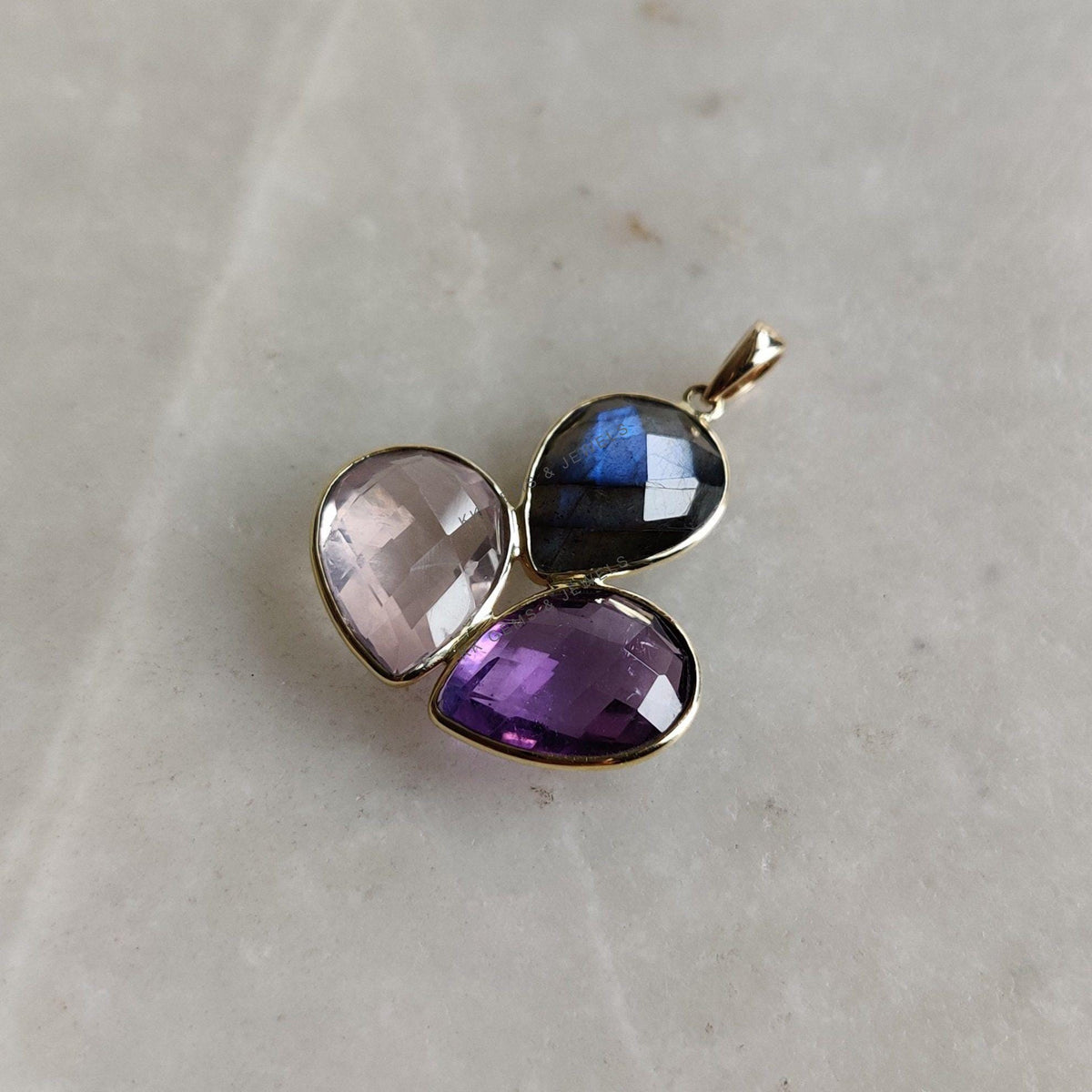 14K Solid Yellow Gold Natural Labradorite & Purple Amethyst Rose Quartz Pendant, Multi Stone Pendant